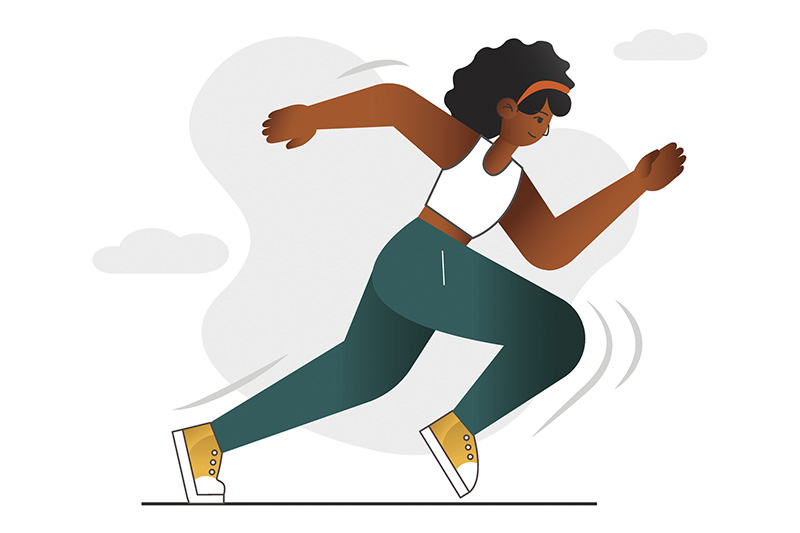 Ilustração de mulher negra de roupa esportiva correndo. Exercícios físicos aumentam suor e se recomenda trocar roupa depois